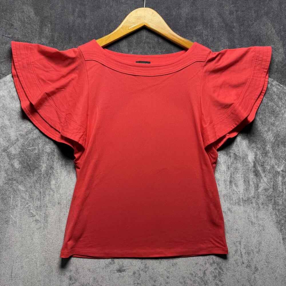 Ann Taylor T-Shirt Womens XS Red Regular Cotton Flutter Sleeve Boat Neck Ruffle